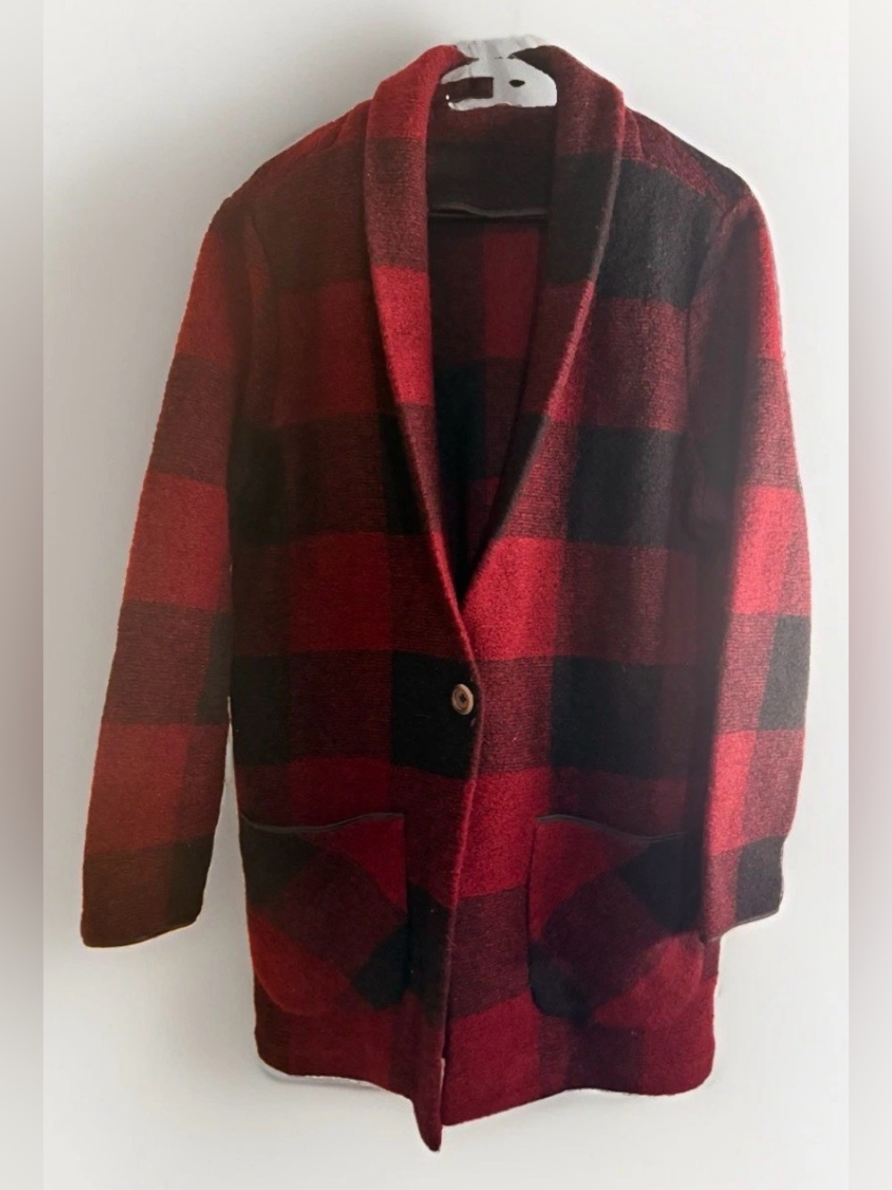 Soft Surroundings Plaid Knit Coatigan Jacket Shawl Collar Red Black Women XL
